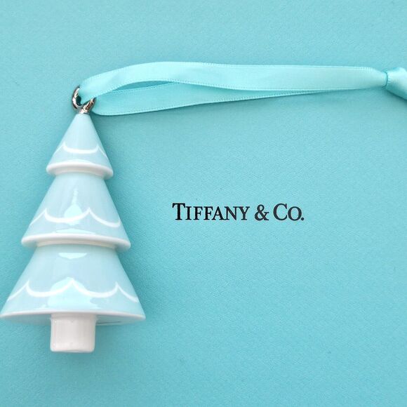 RETIRED Tiffany & Co. Chrismas Tree Blue White Holiday Ornament Bone China - Picture 3 of 5